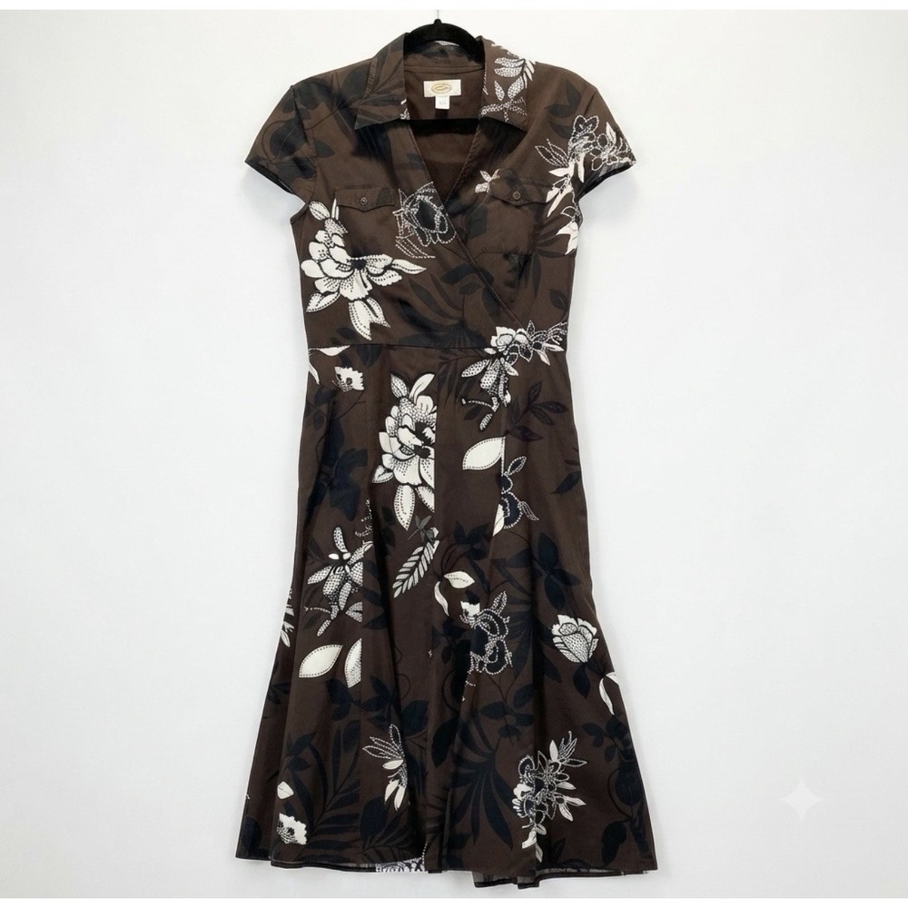 6P Talbots Vintage 100% Cotton Brown Floral Print Wrapped V-Neck Midi Dress